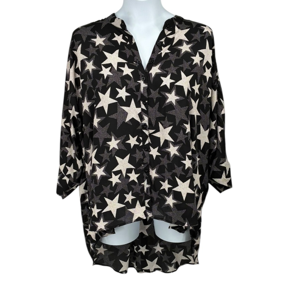 Torrid 2X Black White Star Print Chiffon Button Up Kimono Hi Low NWT‎
